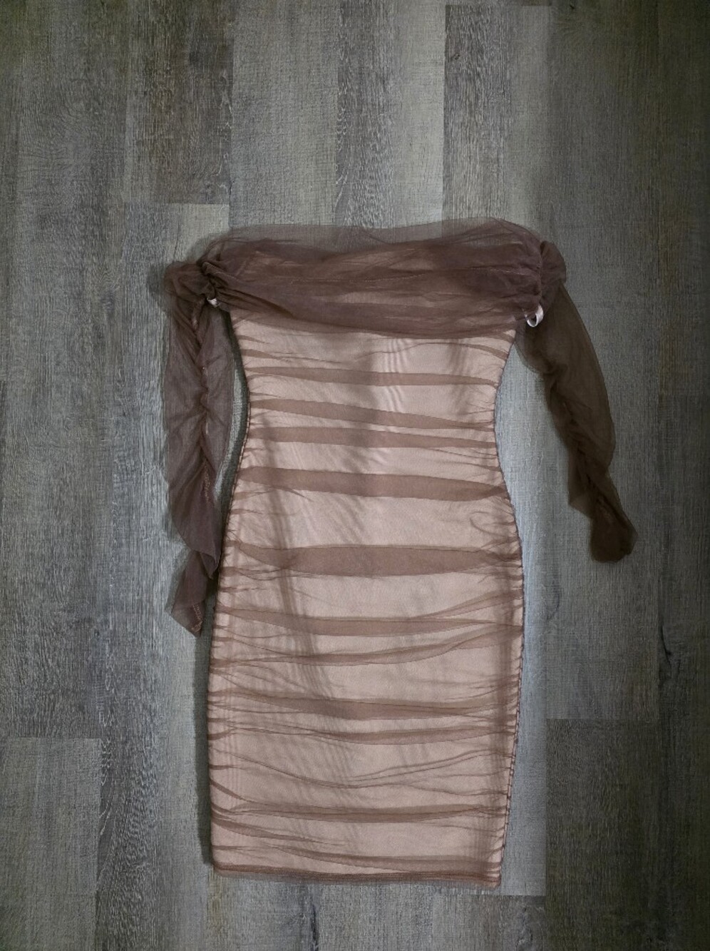 Strapless Ruched Mesh Bodycon Dress in Taupe